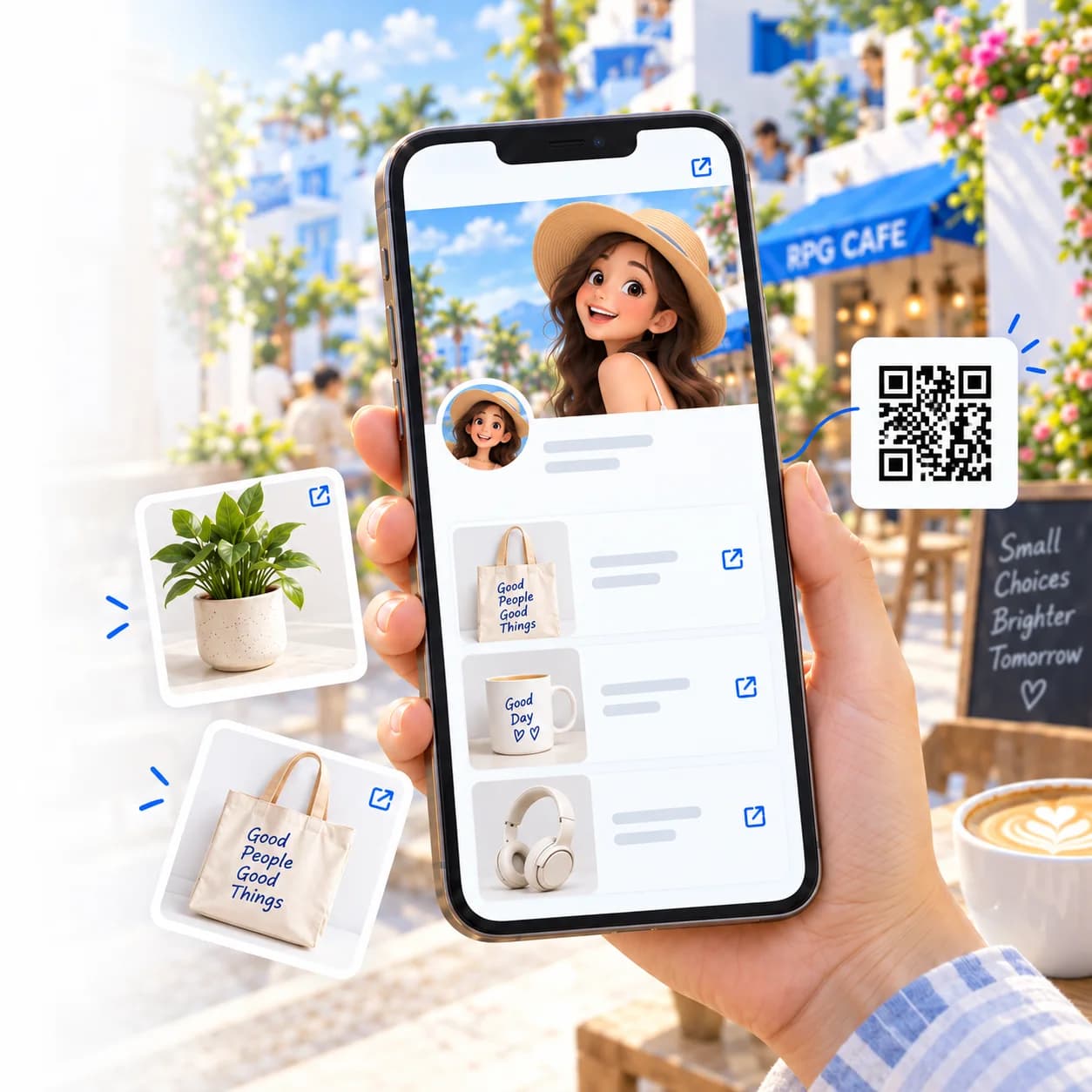 ภาพตัวอย่างโปรไฟล์บนมือถือ พร้อมสินค้าที่แนะนำและการ์ด QR ในคาเฟ่